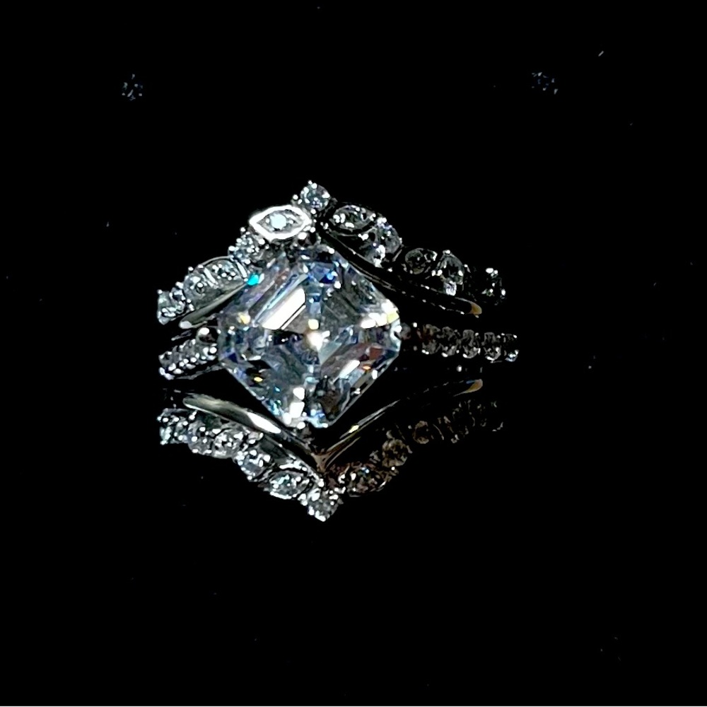 JTV White CZ Asscher Cut Platinum Over Sterling Silver 2 Ring Set 4.64ctw Size:6